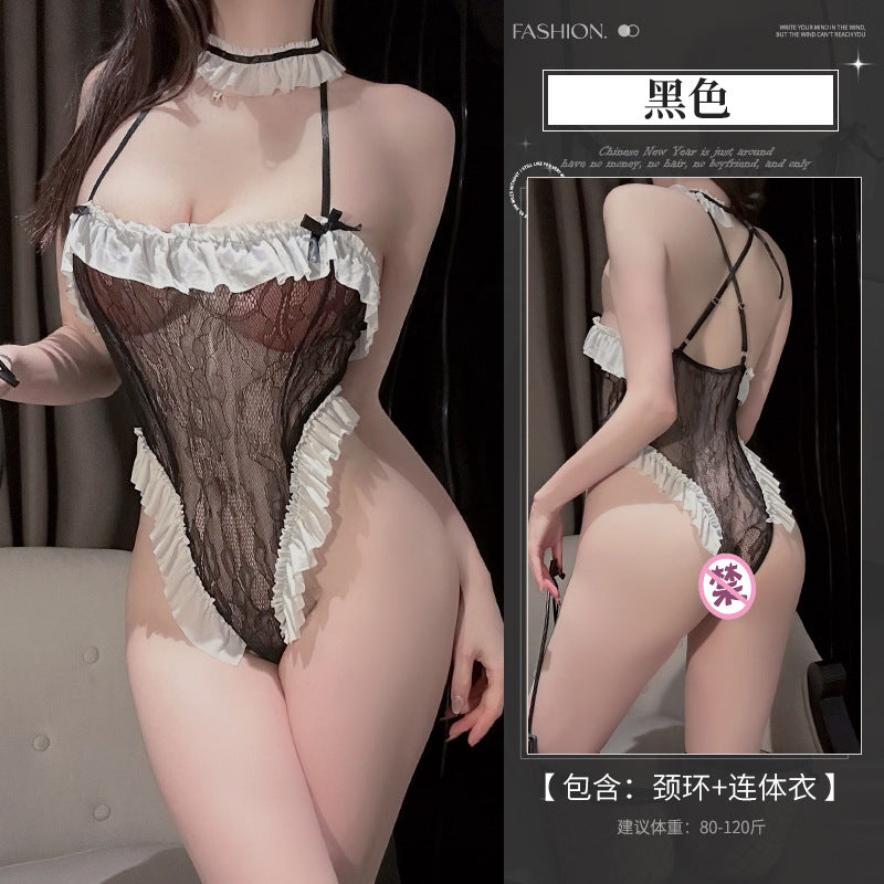 Image of Erotic lingerie lace temptation sexy suspenders with dark buckles open one-piece hot pure lust free pajamas 8566